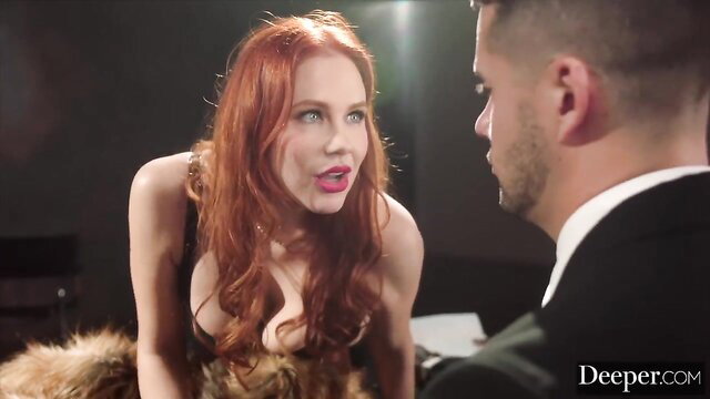 Redhead MILF Maitland Ward in deep cleavage talks to suited man