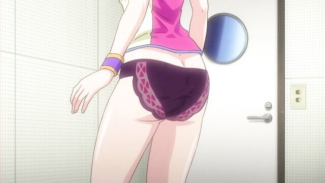 Anime schoolgirl in pink top flashing big ass purple panties in bathroom