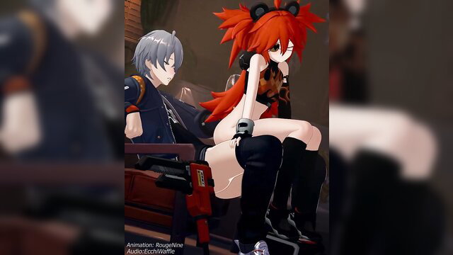 Koleda redhead anime girl riding cock reverse cowgirl in sexy lingerie