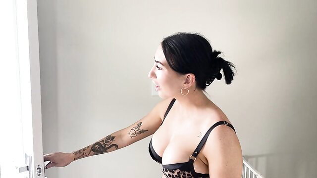 Raunchy spic wife in leopard lingerie with tattoos by window