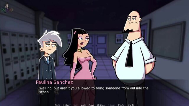 Danny Phantom hentai: Paulina in pink dress with Danny and bald man school scene