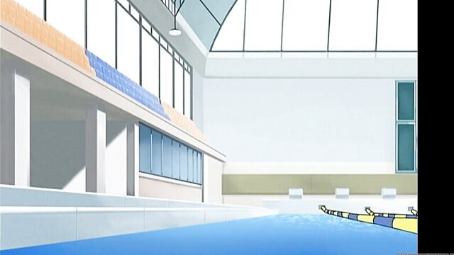 Anime indoor pool with blue lanes and yellow kayaks, empty hentai scene