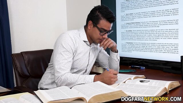 Hot Latino jock in white shirt studies boss's contract at Love Trans Sex