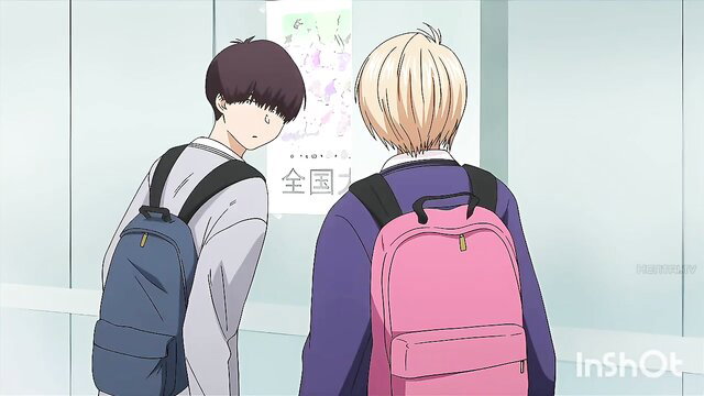 Anime hentai shy dark-haired boy and blonde gal girl viewing map