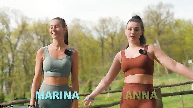 Anna and Marina in tight yoga outfits during outdoor yoga session