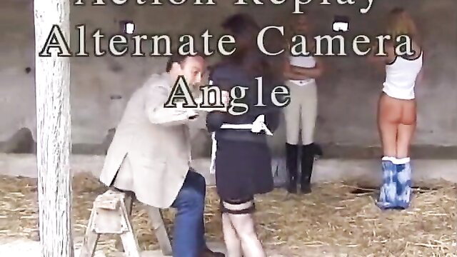 Bound brunette in riding gear spanked by man in barn, alternate angle