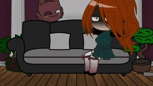 Redhead anime girl in dress with cat ears on sofa, Mrs Afton cosplay tease