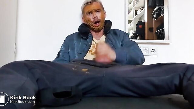 Blond Popper Pig man smeared in shit, sniffing poppers in scat fetish solo