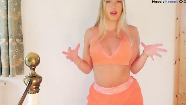 Blonde muscle mommy in orange sporty Shein gym try-on haul