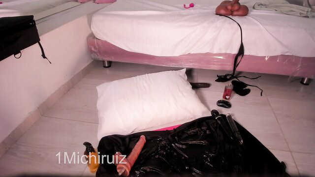 Michi Ruiz double hole penetration with dildo on bed