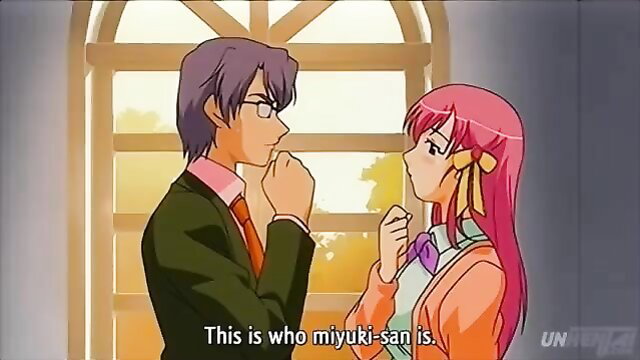 Anime JAV couple Miyuki-san pink hair girl in orange dress with suited man