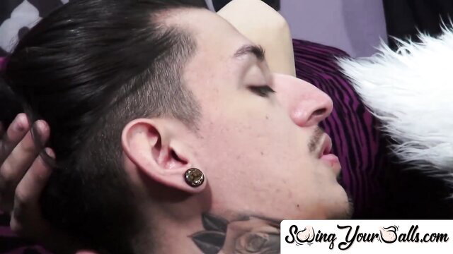 Twink with rose tattoo gets ass pounded, balls swinging wildly