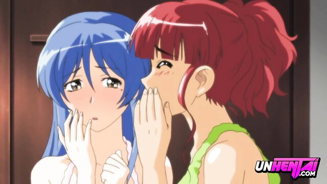 Blue and redhead anime stepsisters whispering intimately in hentai