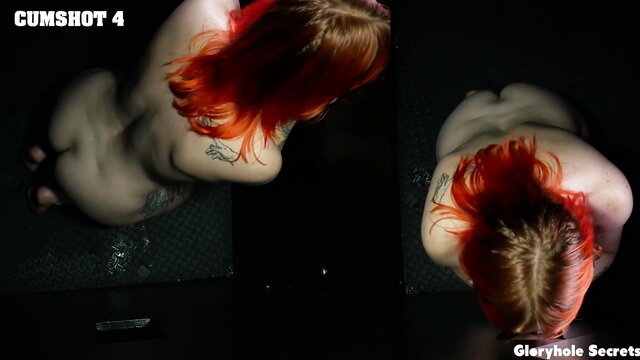 Redhead with tattoos kneels at gloryhole, cumshot on ass from Gloryhole Secrets