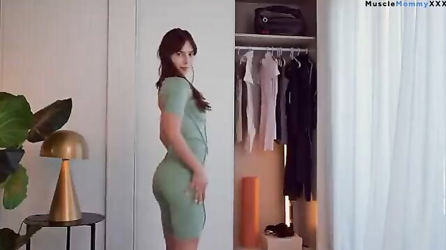 Asian babe in tight green jumpsuit, perfect ass side view try-on haul