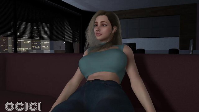 Blonde curvy babe in tight green top and jeans teases on couch