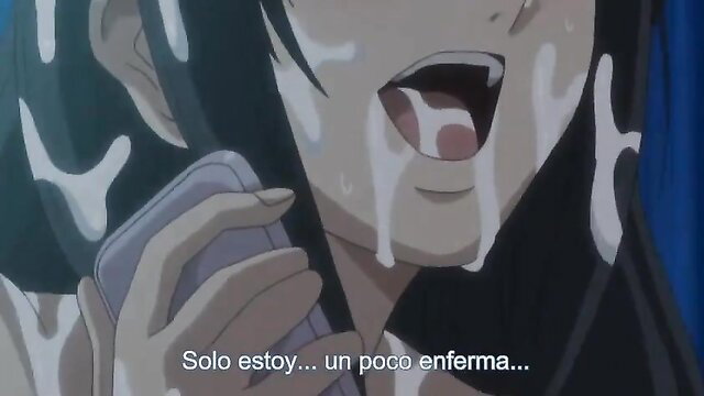 Anime teen girl with cum on face, mouth open, on phone call