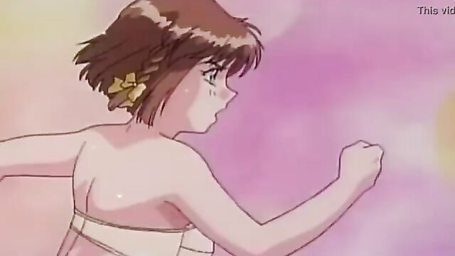 Anime girl with short brown hair running topless in pink background