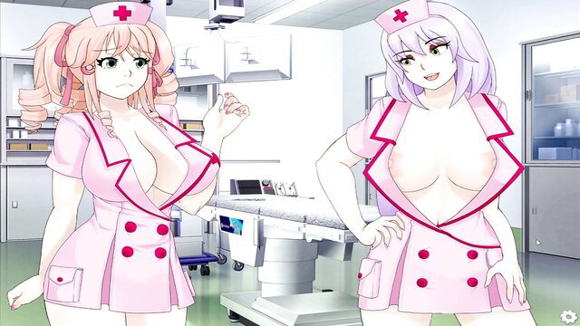 Pink-haired and silver-haired busty anime nurses in sexy uniforms