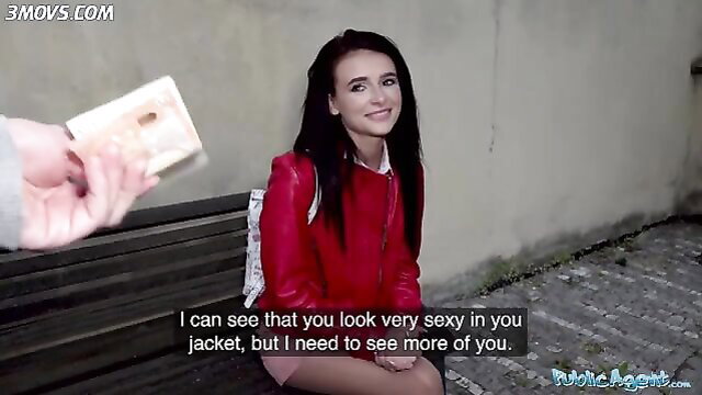 Kate Rich in red leather jacket unzipped on public bench by Fake Hub