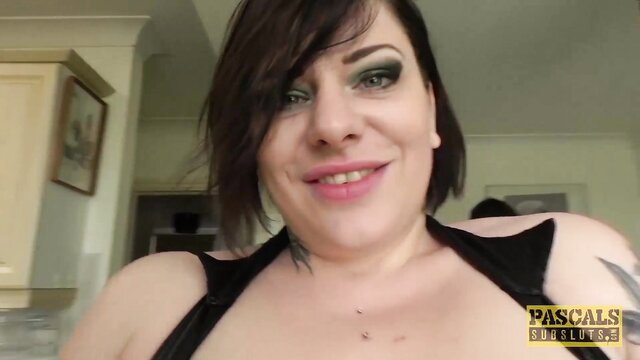 Chubby tattooed subslut in black lingerie smiles for Pascal's rough BDSM