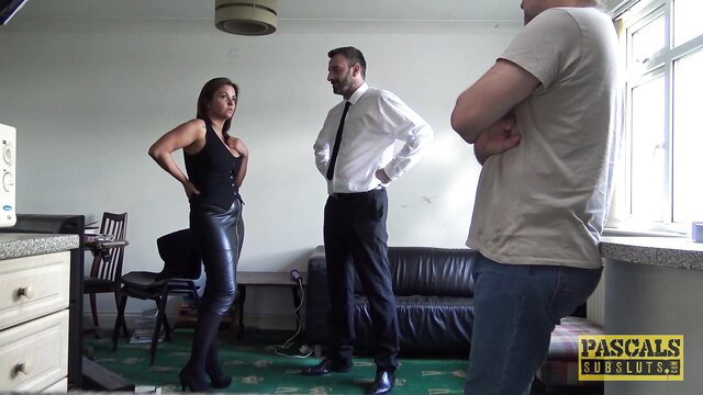 Hot busty MILF Sienna dominated by two men in leather skirt