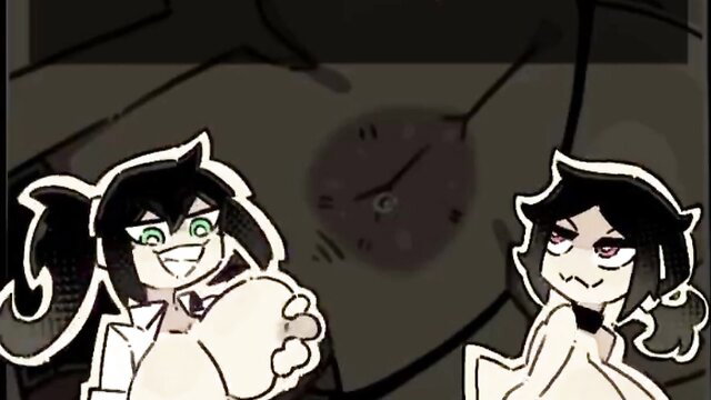 Anime girls in lab coat and dress, one groping huge tits closeup