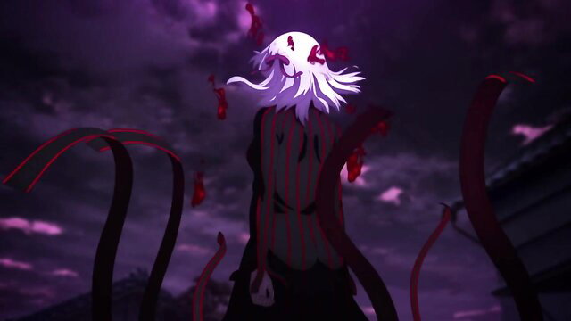 Anime girl with white hair and red tentacles in dark fantasy scene