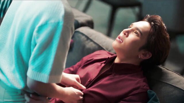 Asian twink in red shirt lies back as babe in white top touches him seductively