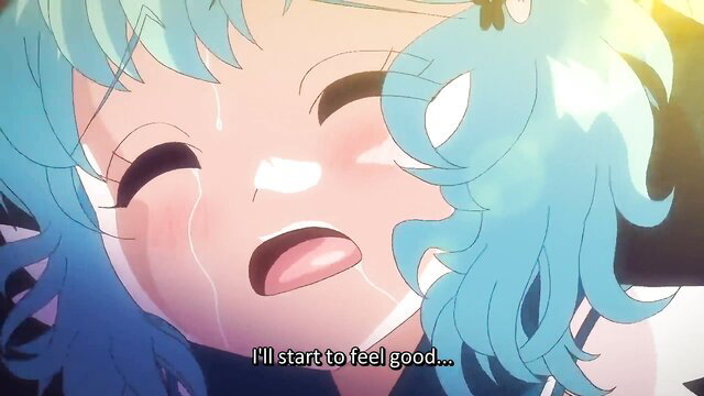 Teary-eyed petite blue-haired hentai girl ahegao crying in ecstasy