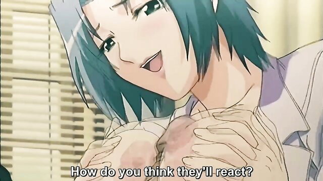 Anime girl with big tits groping breasts in erotic hentai scene