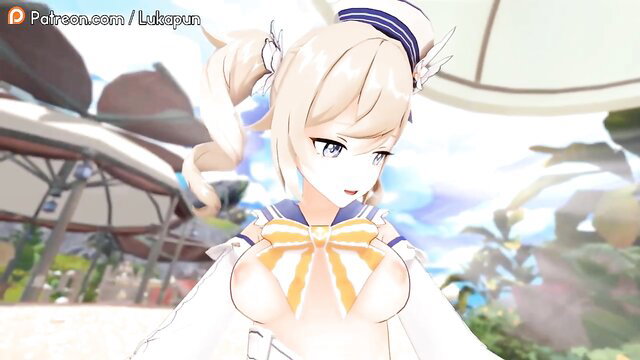 Seductive blonde anime gacha girl with huge tits in skimpy white lingerie