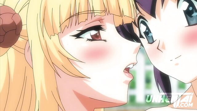 Blonde & purple-haired hentai futanari lesbians kissing intimately at pool party