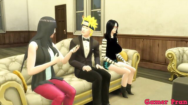 Naruto in tuxedo with two sexy black-haired anime wives on couch threesome tease