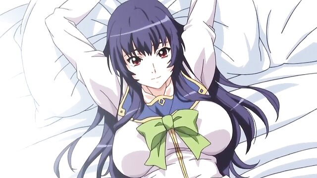 Busty anime girl in tight uniform stretches arms up on bed