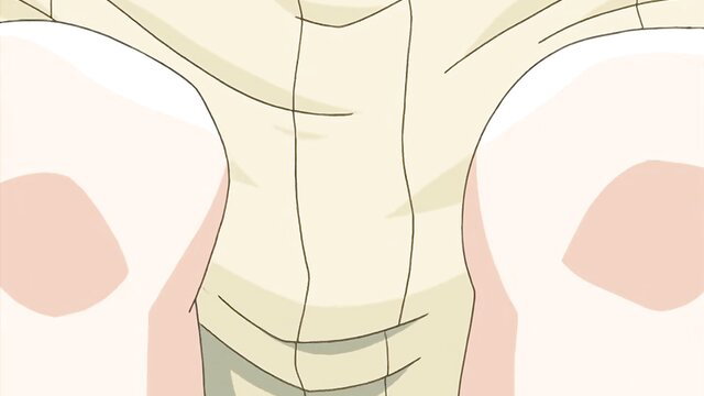 Anime girl in tight cream sweater with huge pale tits spilling out, seductive pose