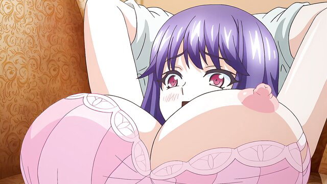Purple-haired anime hentai girl with massive tits in pink lingerie, blushing close-up