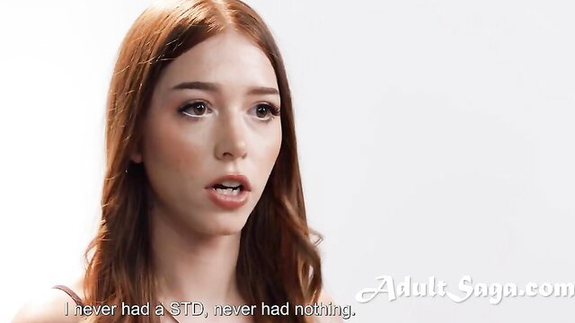 Myra Moans redhead interview, pretty face closeup, Adult Saga