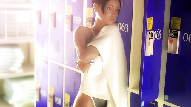 Asian JAV teen in towel at lockers after pool, wet skin tease
