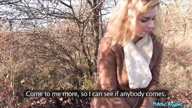 Blonde Chrissy in coat scarf outdoors, Public Agent quickie tease