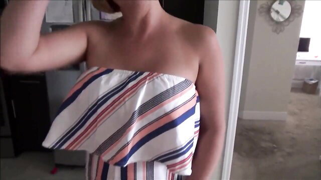 Brianna Beach in striped ruffle off-shoulder dress, sexy tease