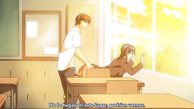 Hentai student warns nurse teacher in classroom, anime style