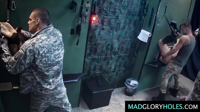 Military hunks gangbang at glory holes in wild squirting group