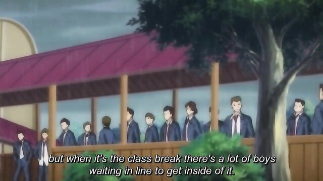 Hentai boys in school uniforms line up outside building during class break