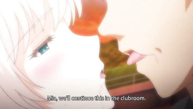 Anime JAV white-haired girl French kissing guy, clubroom tease