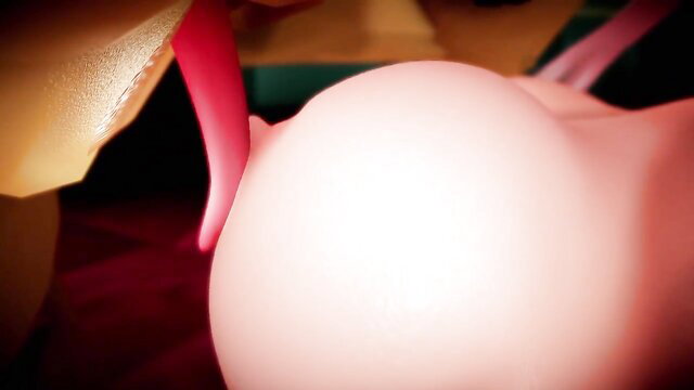 Shiny pink anime ass teased by red tongue in erotic closeup