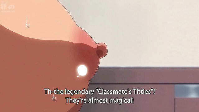 Anime hentai closeup of legendary massive classmate tits with blush and shine