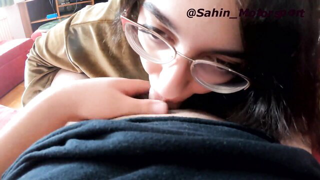 Arab glasses girl passionately kissing neck closeup amateur