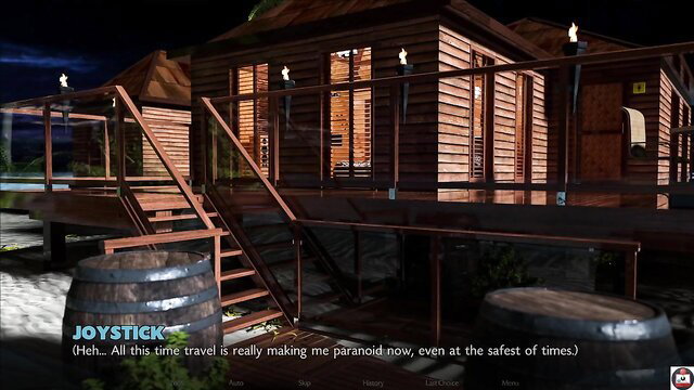Outdoor wooden stilt house at night with barrels and torches in tropical setting