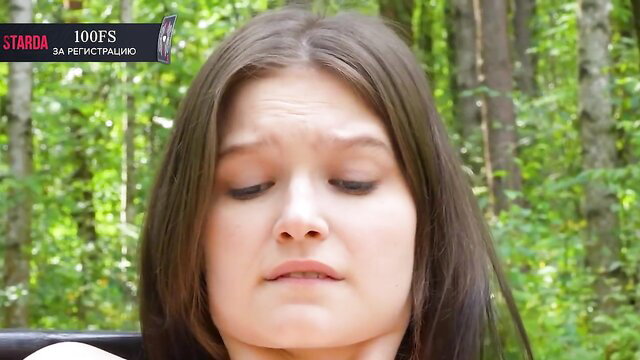 Leggy teen with sad eyes masturbates hot outdoors in forest
